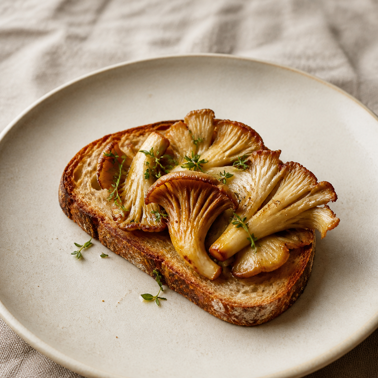 Crisp-edged oyster mushrooms served on sourdough toast.